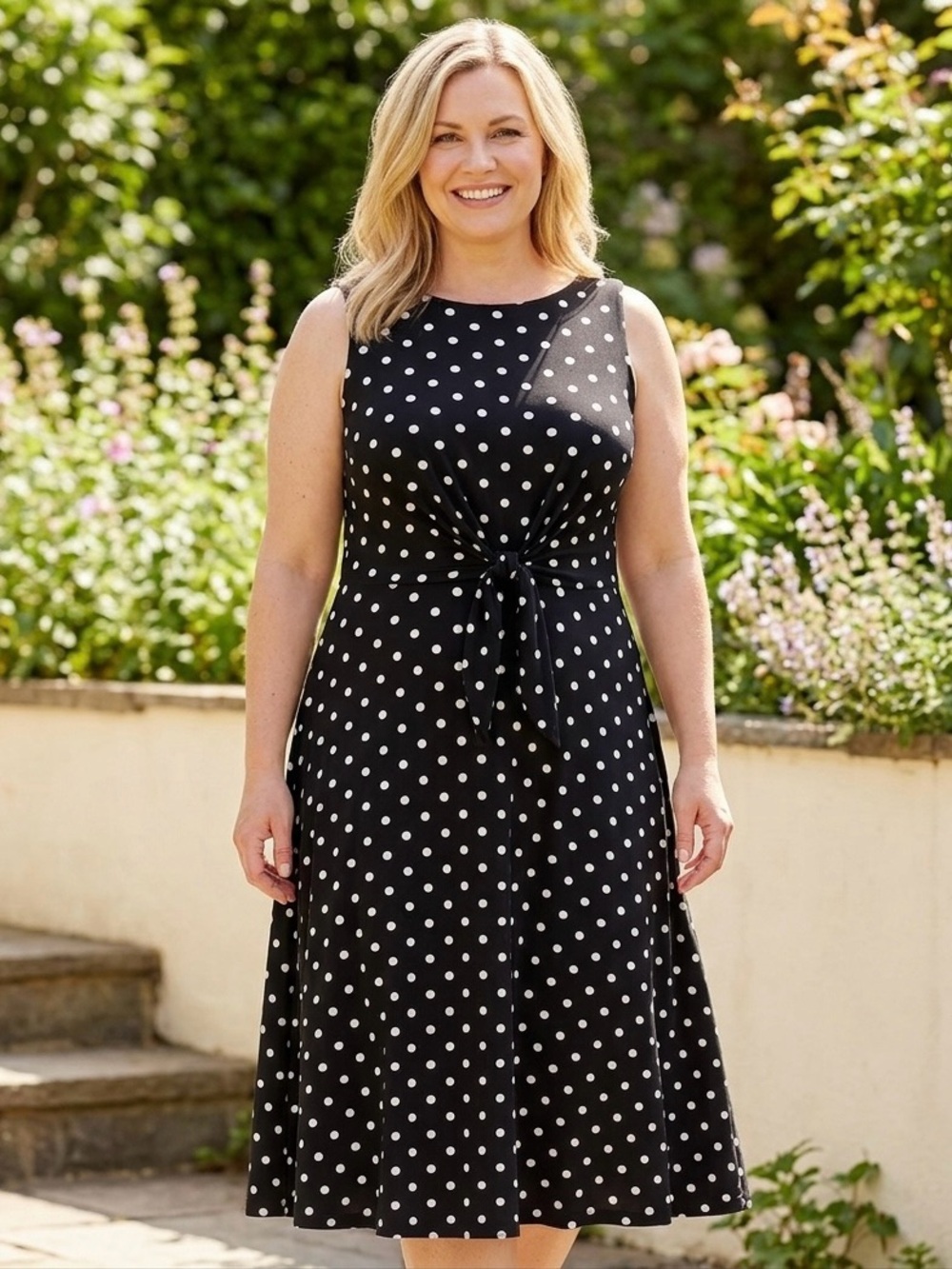 Eliza J. Women’s Black White Polka Dots Midi Dress Plus Size 16 Tie Front